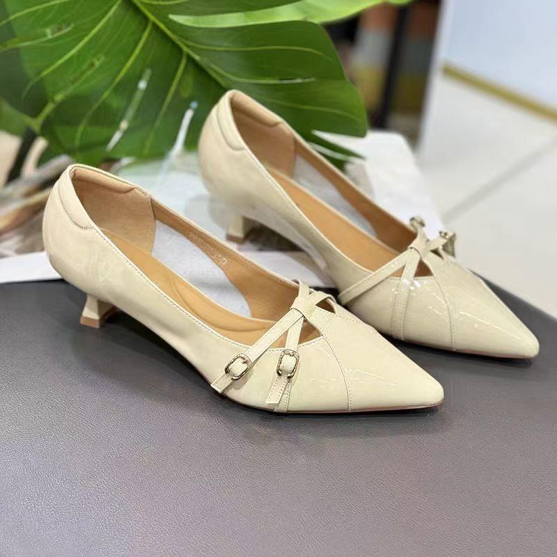 Fashion French Mary Jane Pointed Toe Soft Leather Stiletto Heel Soft Sole Cat Heel Women's All-match Single Shoes