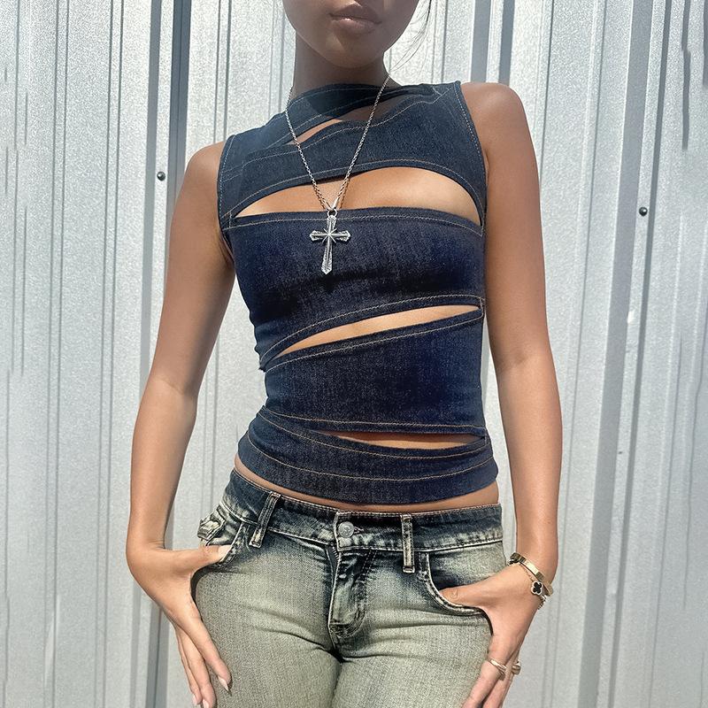 

Sleeveless Round Neck Vest Hollow Slim Vest Top S чорний