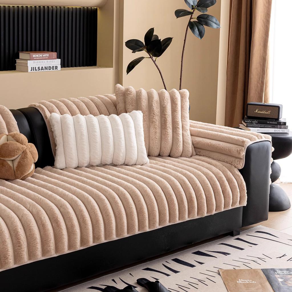 Winter Living Room Non-slip Warm Thick Striped Plush Cushion Couch Sofa Covers Slipcover Funda Sofa Mat
