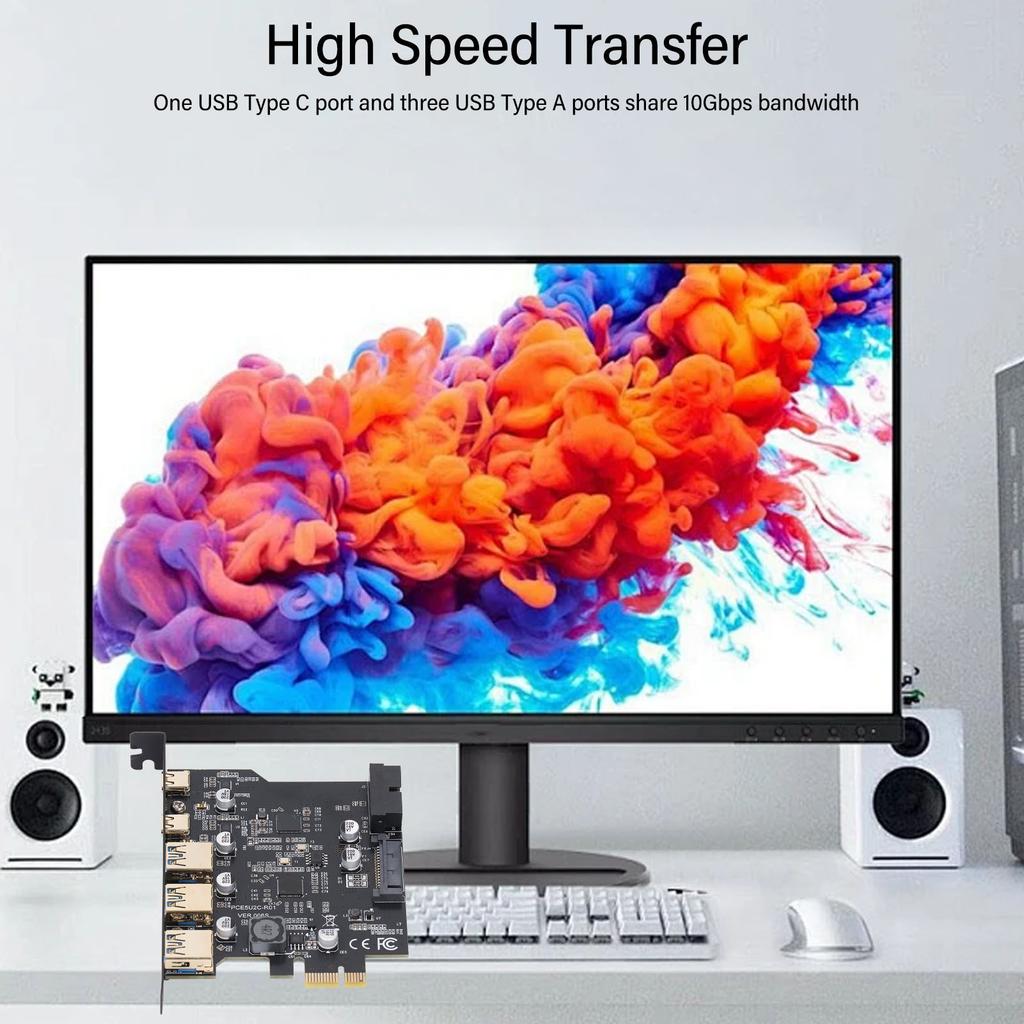 PCIe Expansion Card PCIe To USB 3.2 Card Stable 5 Port Easy Installation 2 USB Type C 20Gbps for Desktop PC for Windows
