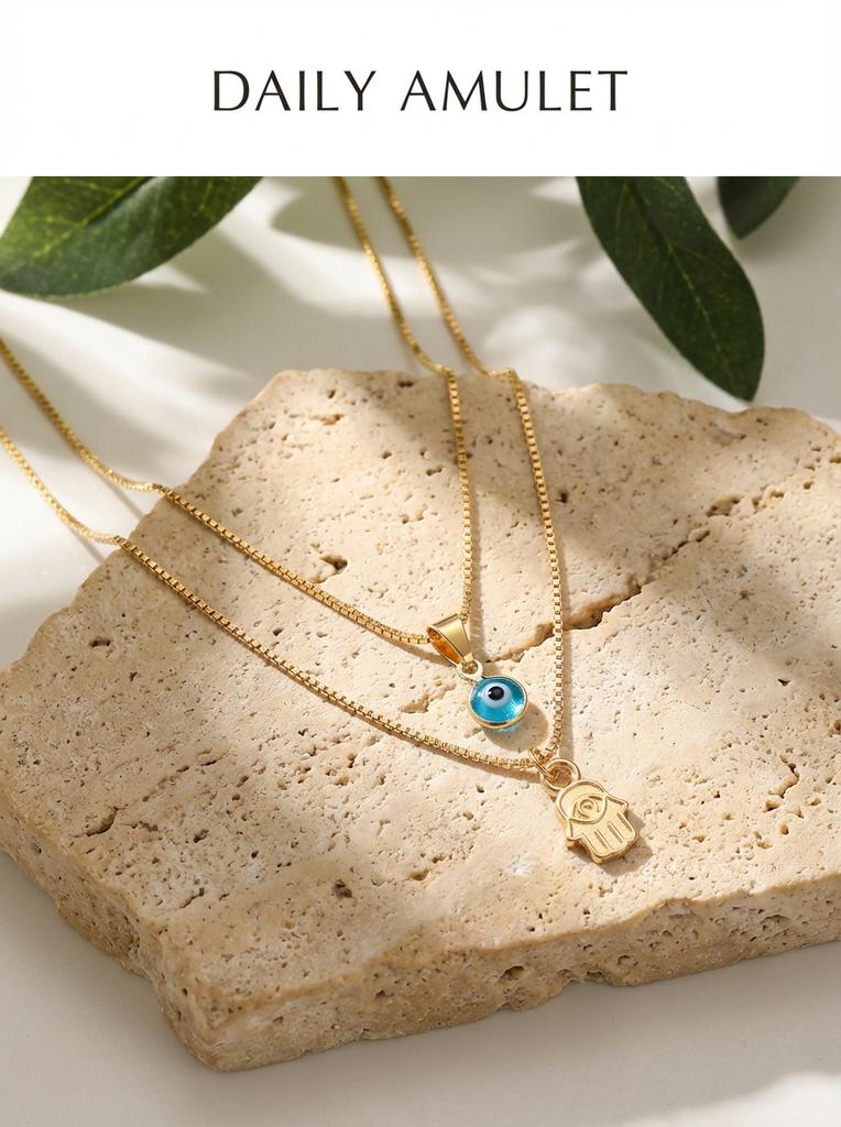 Minimalist Double Layered Evil Eye Hamsa Hand Necklace for Women Turkish Blue Eye Pendant Choker Party Aesthetic Amulet Jewelry