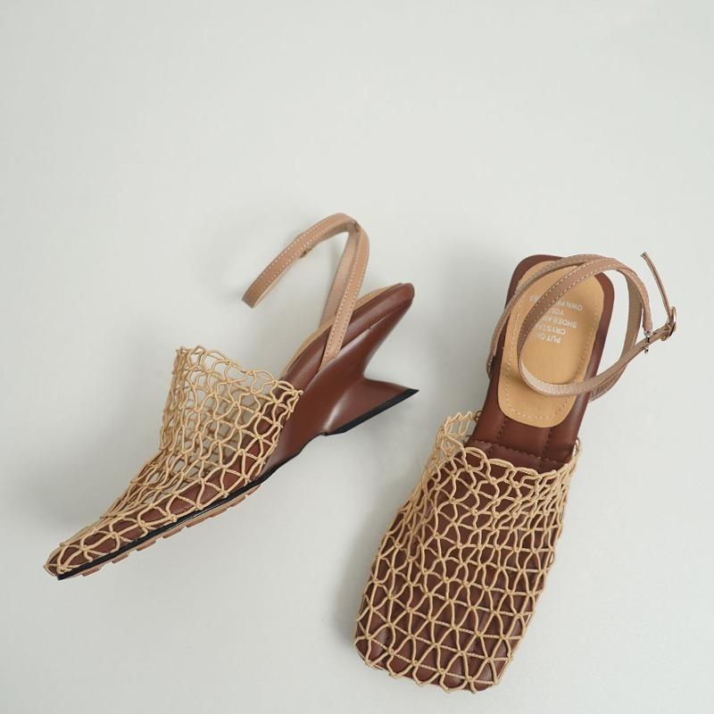 Fashion 2025 Summer New Luxury Designer Women's Sandals Lace Mesh Square Toe Shallow Narrow Strap Braided Slip-on Strange Style Sandals