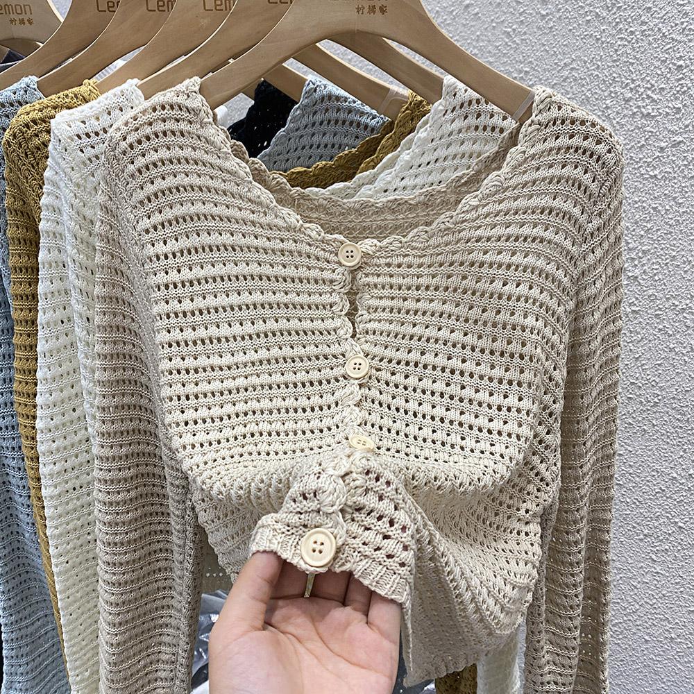 Knit Cardigan for Women Long Sleeve Single Breasted Sweater Jacket Crop Openwork Cardi Top Female Basic Daily Outfit