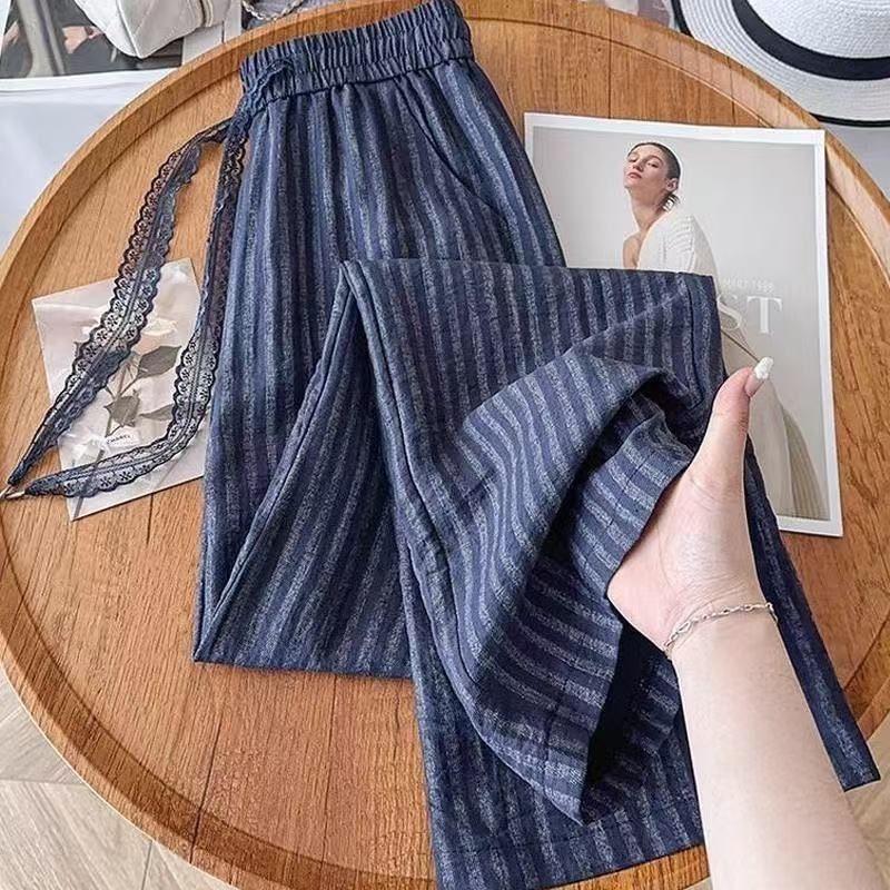 Women s Navy Blue Striped Elastic Waist Wide Leg Pants M синий