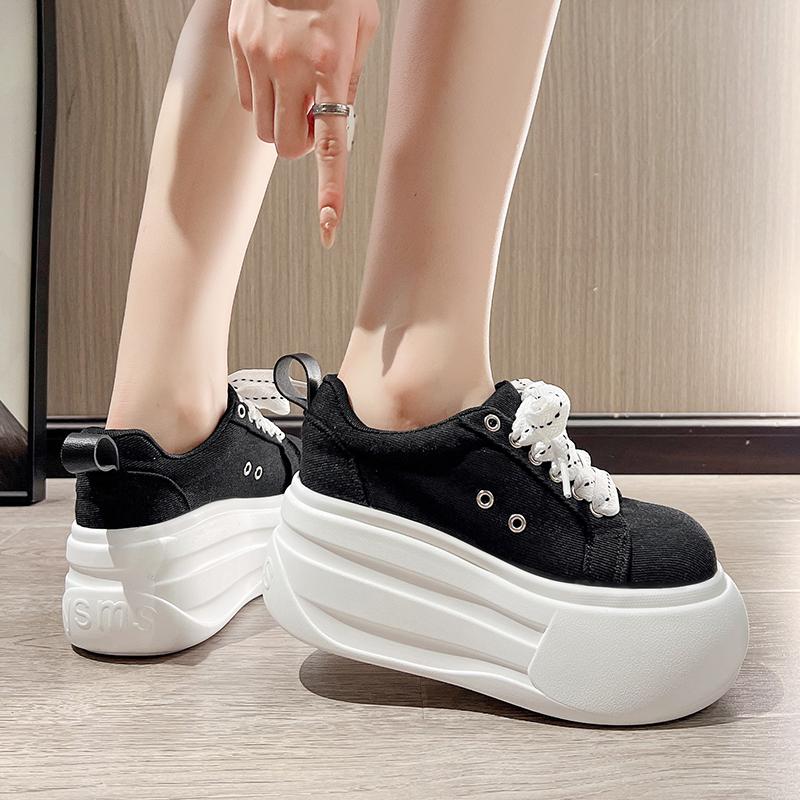 Fashion 8CM Women's Spring Canvas Thick Bottom Shoes Breathable Vulcanize Flats Shoes Sneakers Versatile Rubber Sole White Walking Shoes