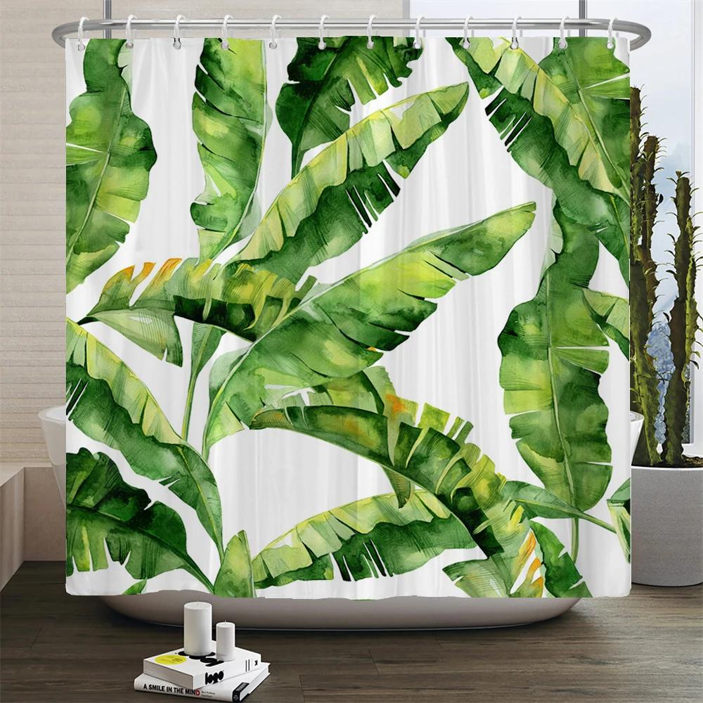 Green Plant Leaves Shower Curtains Bath Curtain Bathroom 3d Printed Fresh Waterproof Polyester Cloth With Hooks Home Decor Mat