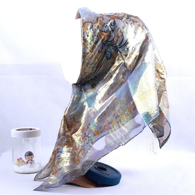 Silk Square Scarf Women Floral Print Embellished Rhinestone Cutwork Woven Headwrap Lightweight Accessory Street Style
