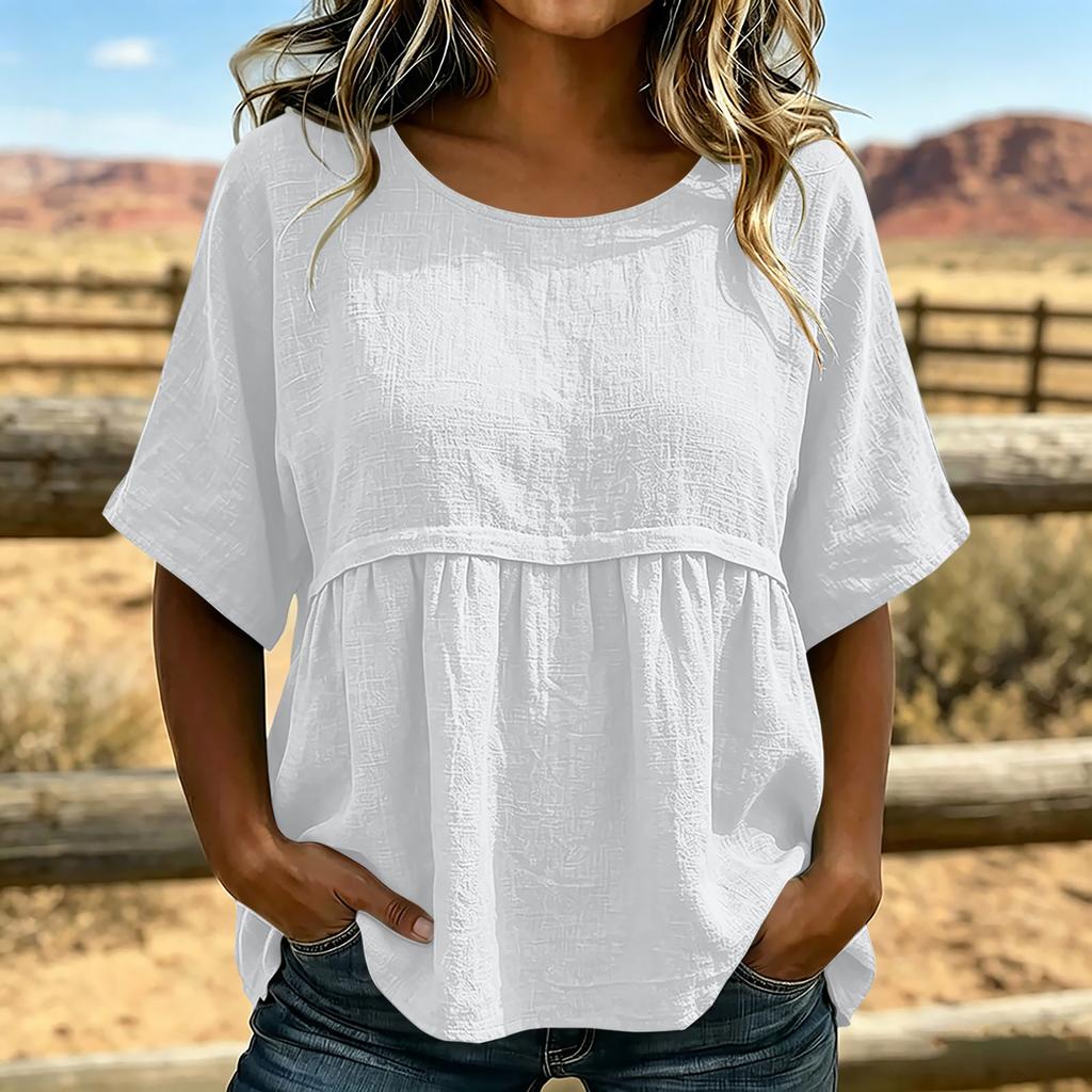 Women's Linen Crewneck Short Sleeve Blouse, Color Casual Top, Pullover Shirt