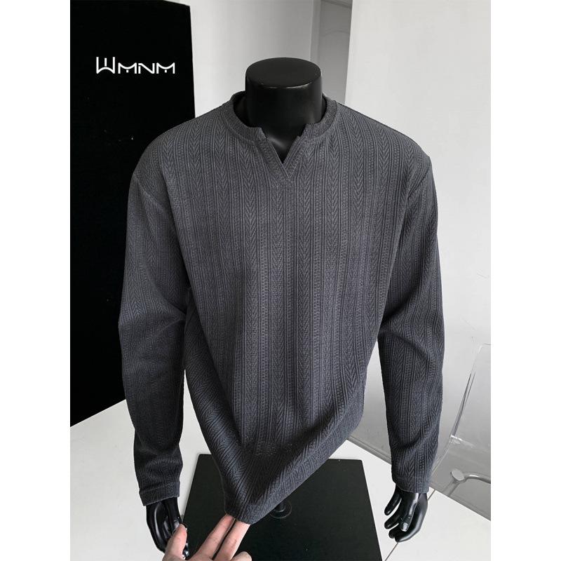 Men's American Trendy V-Neck Jacquard Sweatshirt: Loose Fit, Long-Sleeve, Casual High Street Style T-Shirt for Autumn.