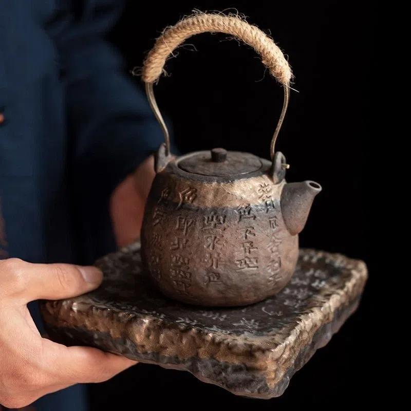 Handmade Gilded Top-Handle Teapot – Vintage Style Pottery Teapot for Home Use
