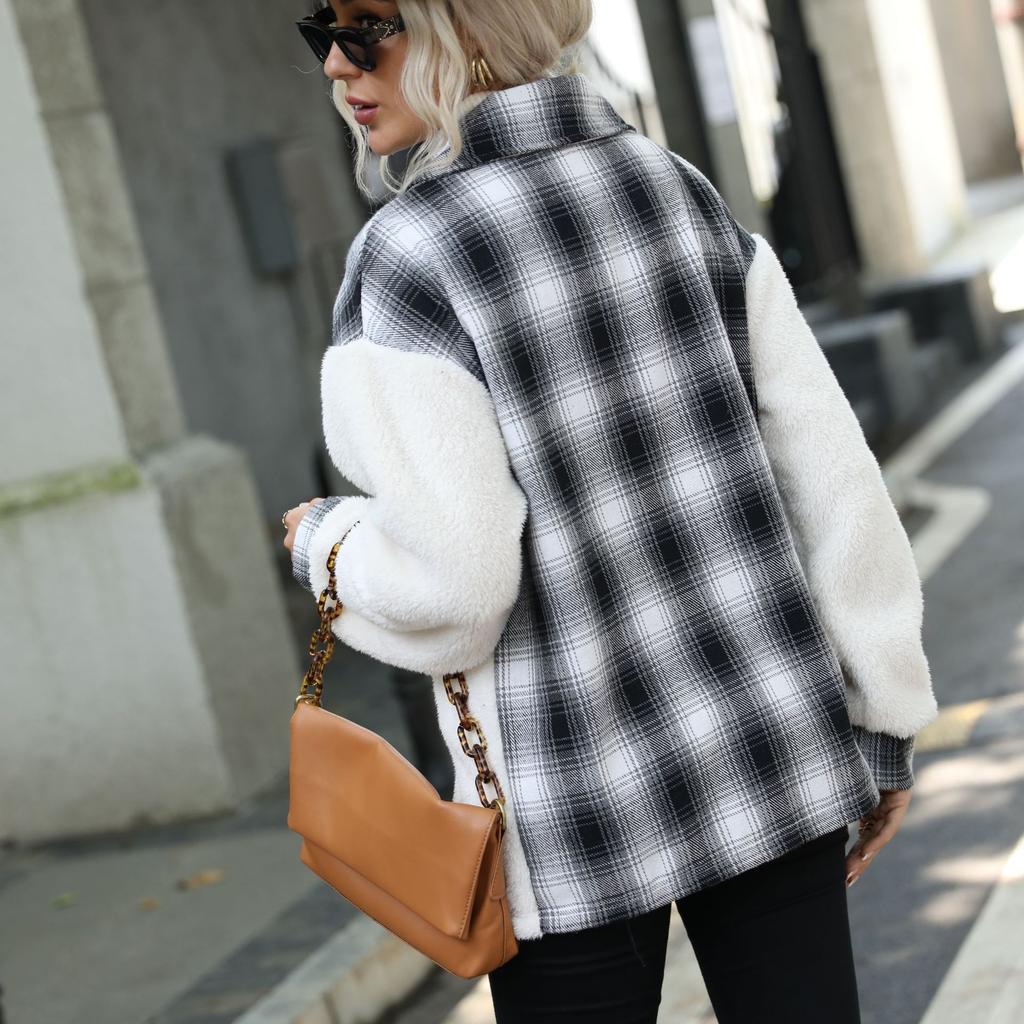 QICED Women's Double-sided Velvet Checkered Buttoned Long-sleeved Checkered Lapel Plush Coat