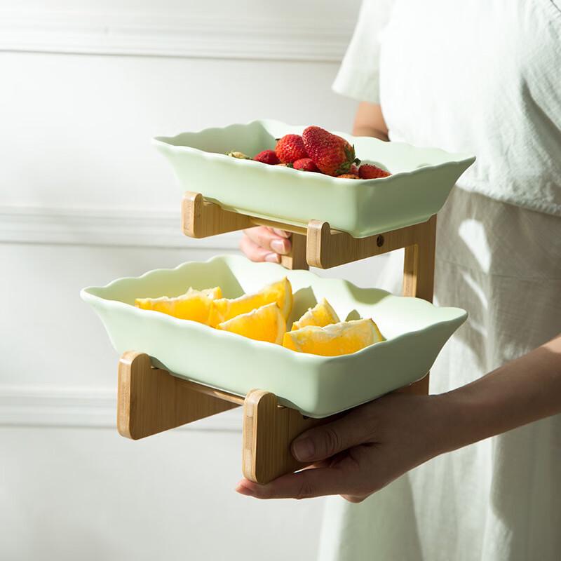 Two-Tier Ceramic Fruit Bowl with Bamboo Stand