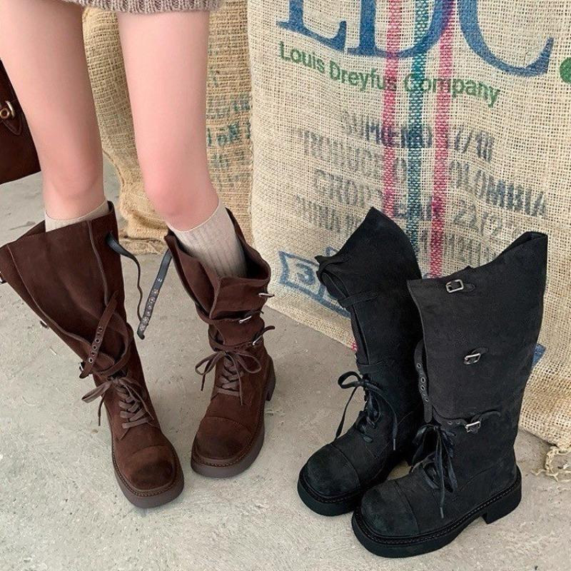 Fashion Women High Boots Flats Knee High Chelsea Gladiator Boots Winter Shoes Casual New 2025 Designer Dress Brand Lace Up Woman Botas
