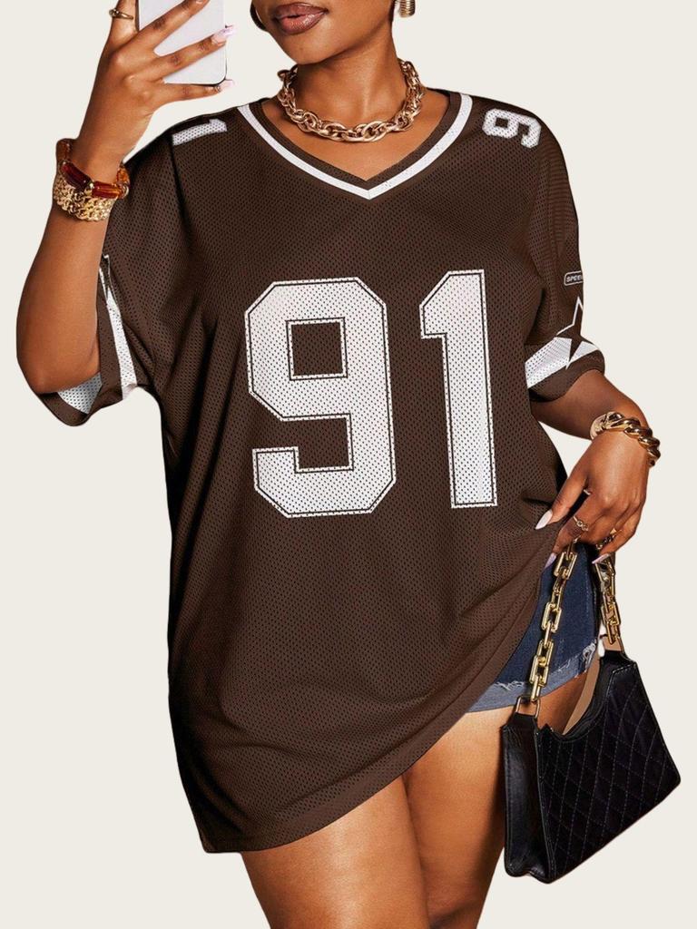 Women's Loose V-Neck Sporty Mesh T-Shirt with Digital Print