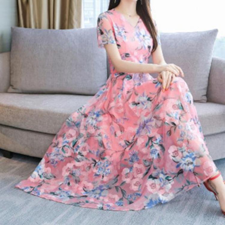 Waist Tight Floral Print Summer Women Midi Dress Streetwear Short Sleeve Dress for Party