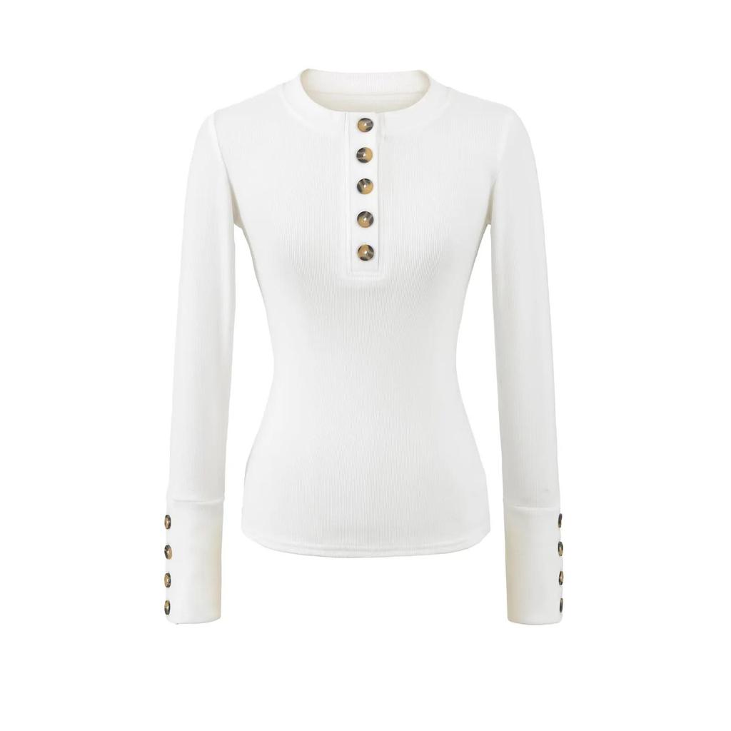 Korean-Style Slim Fit Henry Collar Fleece Long Sleeve T-Shirt for Women - Autumn/Winter Stretchy Base Layer Top