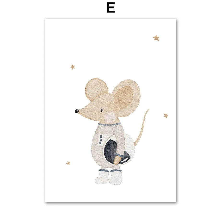 Boho Cartoon Space Astronauts Planet Posters Prints Bear Hedgehog Canvas Painting Wall Art Pictures Baby Kids Room Home