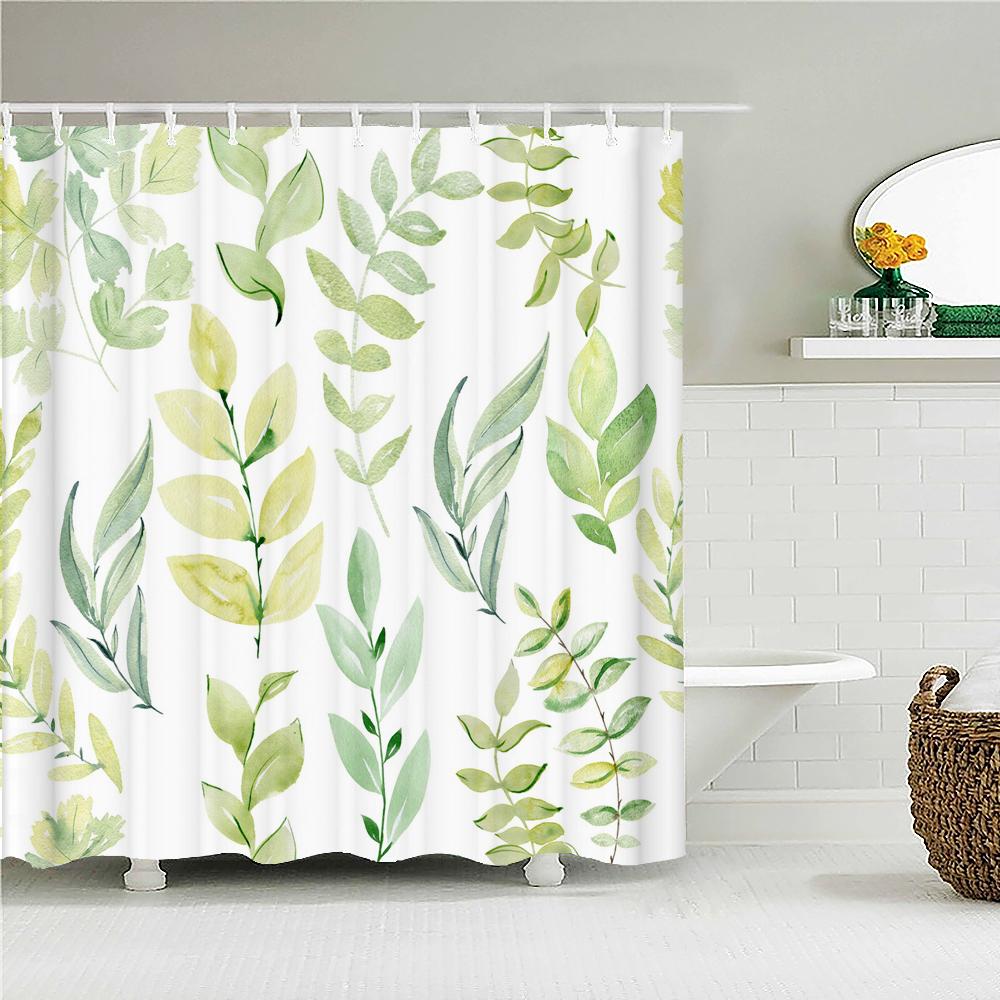 High Quality Blue Fresh leaf Printed Fabric Shower Curtain Plant Leaves Bath Screen Waterproof Bathroom Decor with Hooks
