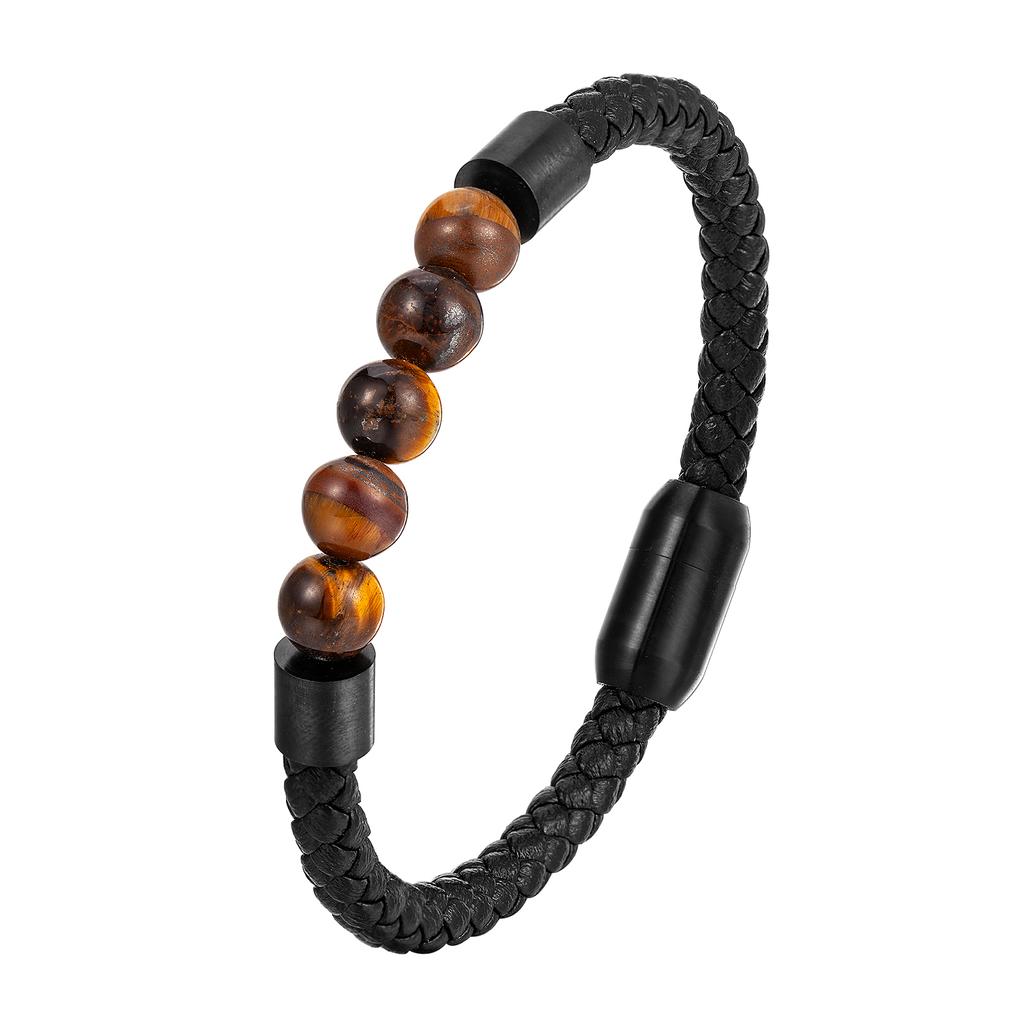 Titanium Steel Man Chakra Jewelry Wholesale Stainless Steel Men's Black Leather Volcanic Beaded Braclets Stone Leather Bracelets