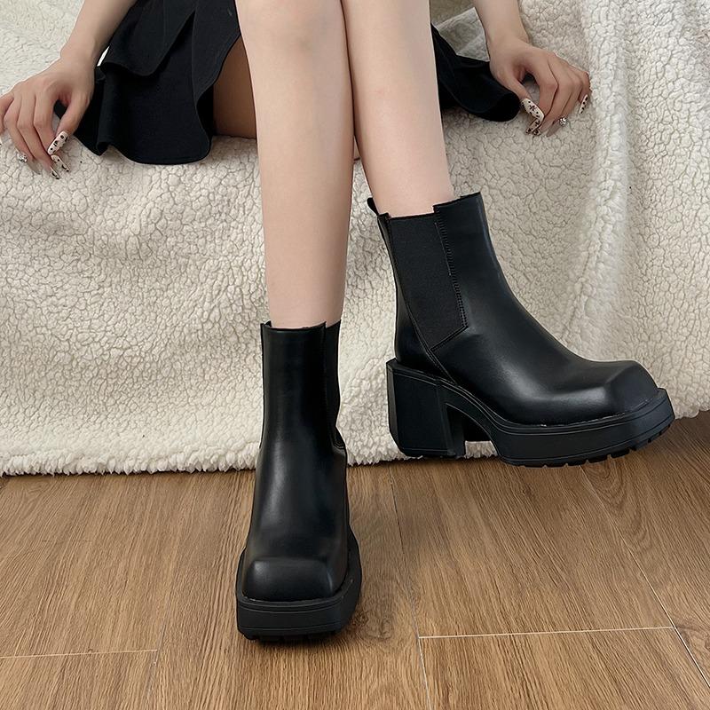 Fashion Four Seasons Block Heel Platform Single Boots Women's Square Toe Side Zip Anti-Slip Wear-Resistant Short Shoes