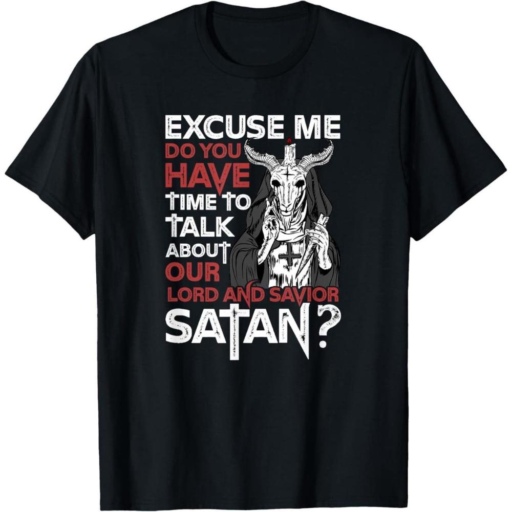 

WarehouseSatan Baphomet Graphic T-Shirt Excuse Me Do You Have A Moment To Talk about Our Lord and Savior Bold Red/White Prin... 5XL різнокольоровий