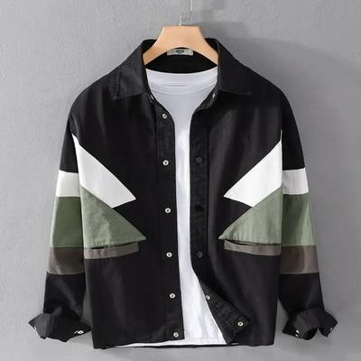 Outono Inverno Camisa Casual Tendência Color-block Masculina Patchwork Moda Tops Blusa Solta Homem Botão Manga Longa Roupas Masculinas