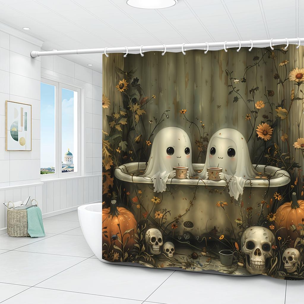 Halloween Shower Curtain Fun Ghost Floral Vines Skull Horror Theme Polyester Washable with Hooks Novelty Bath Decor