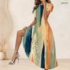 Women Plus Size Round Neck Short Sleeve Printed Navy Blue Gathered Waist A Line Long Dress