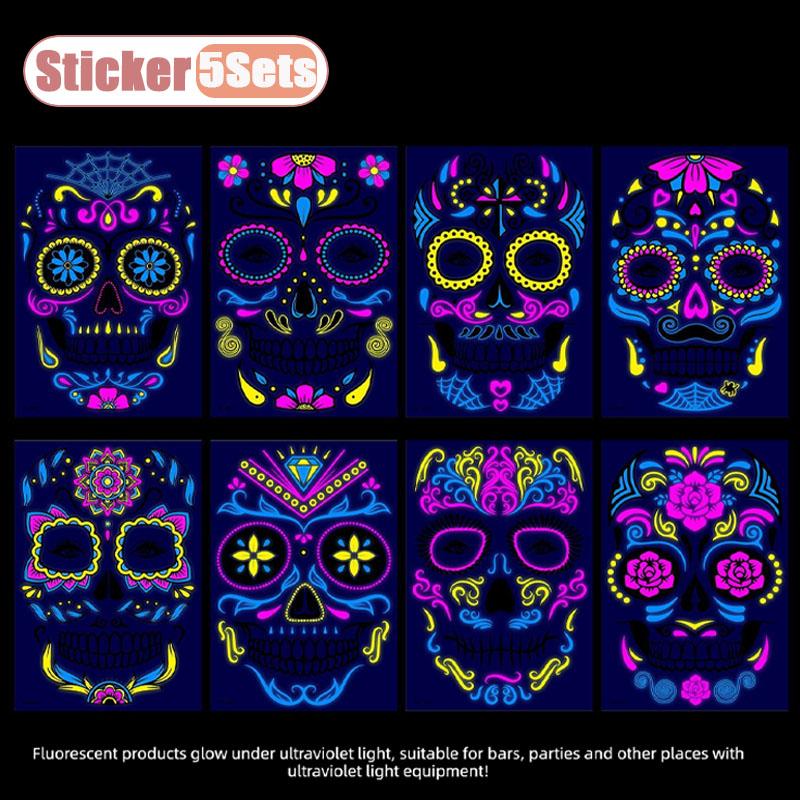 Tag der Toten Totenkopf Gesicht Aufkleber Leuchten im Dunkeln Narbe Tattoo Halloween Fluoreszierendes Make-up Party Horror Kostüm Dekoration