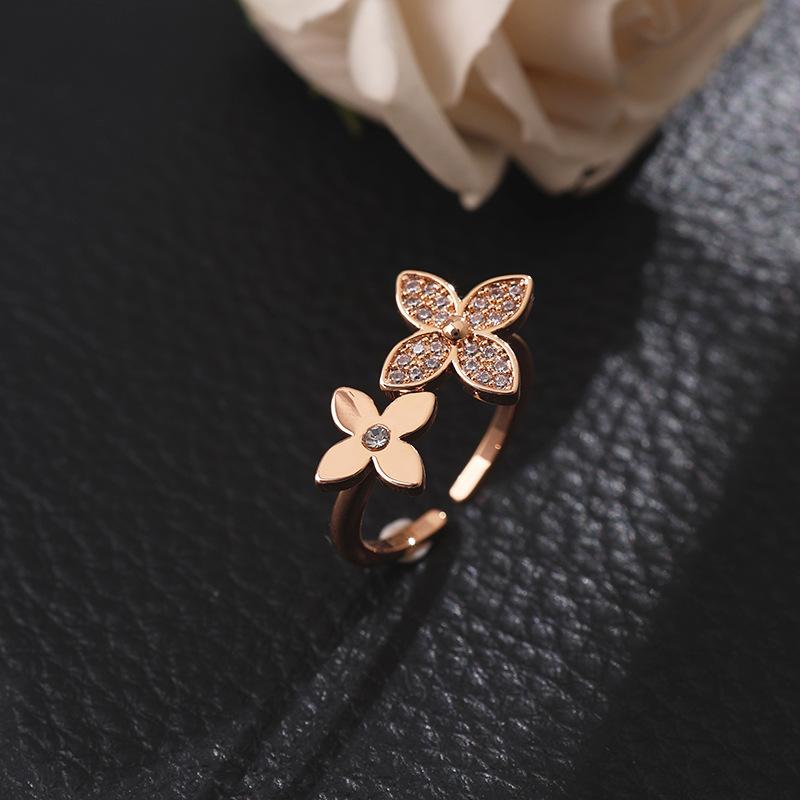 Double Flower with Diamond Ring Rose Gold Light Luxury ins Wind Non-Fading Copper Gold Plated Ring Ring