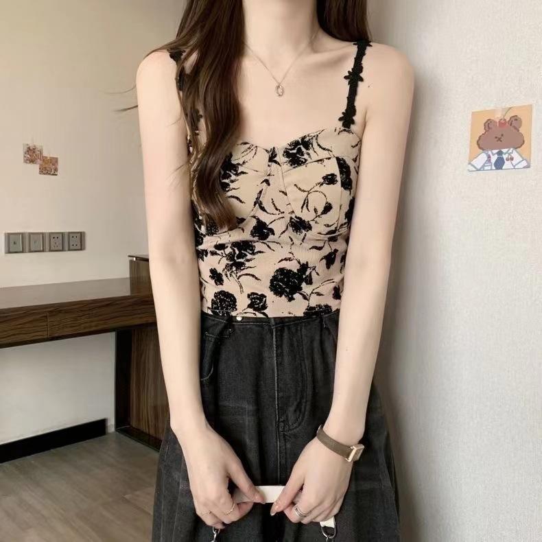 Floral Tank Top Halter Crop Tops Women Summer Camis Chest Pad Camisole Fashion Casual Tube Female Sleeveless Cropped Vest