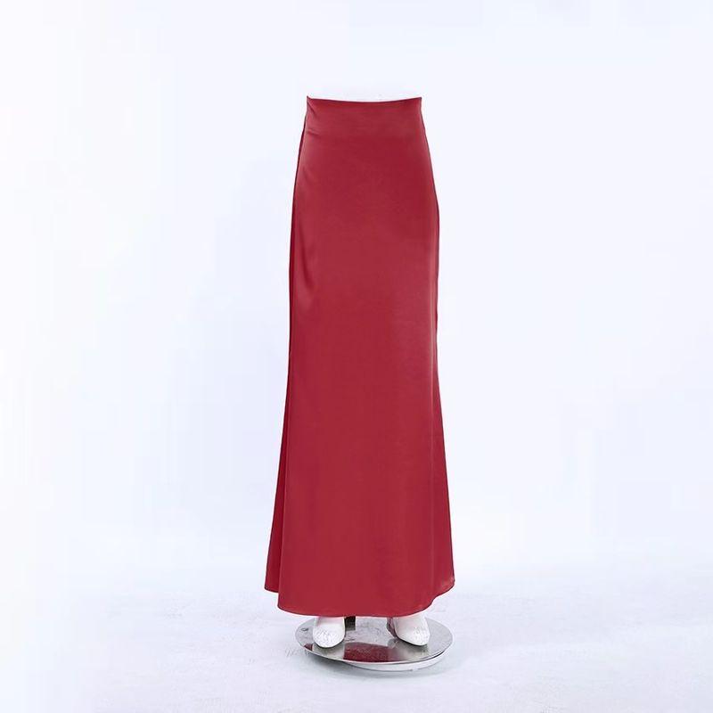 

European and American New Red Fashion Satin High Waist Mopping Skirt Floor Mopping Satin Skirt Red S