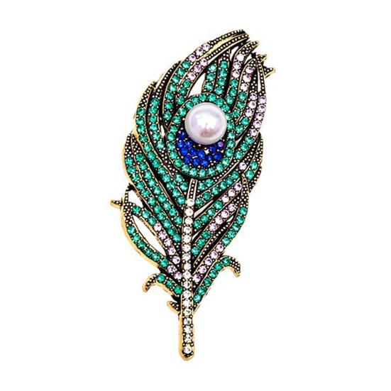 Feather Design Pin Vintage Peacock Brooch, Faux Pearl Rhinstone Lapel Retro Jewelry Pin, Clothing Accessories for Wedding Party Prom