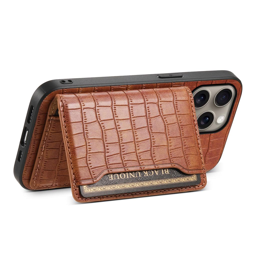 For iPhone 16 Pro Max Case Card Holder Kickstand Crocodile Texture Leather Back Phone Cover