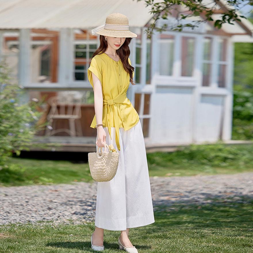 Cotton and linen suit women's summer new fashion temperament lace-up waist shirt nine-point wide-leg pants two-piece set