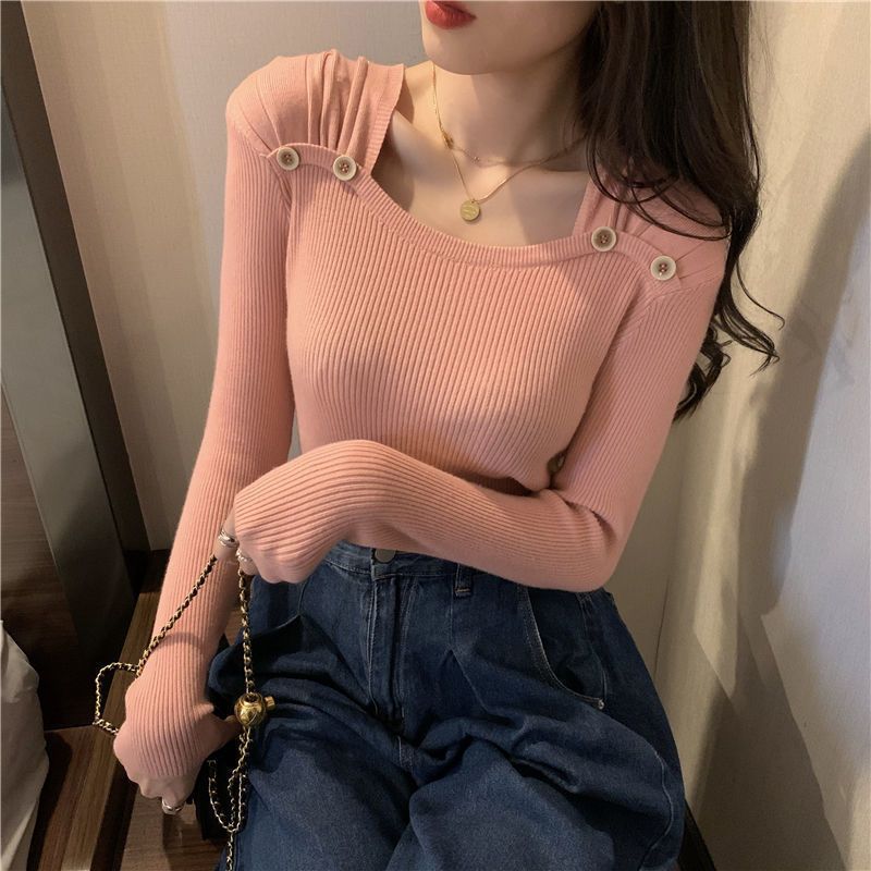 Herbst Lange Ärmel Stricken Tops Mode Taste Dekoration Quadrat Kragen Pullover Koreanische Einfarbig Slim Fit Pullover Frauen 28523