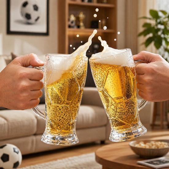 Soccer Beer Glass, 700ml Capacity Lead-Free Stein with Handle for Craft Beer, Sports Themed Beverage Cup for Party