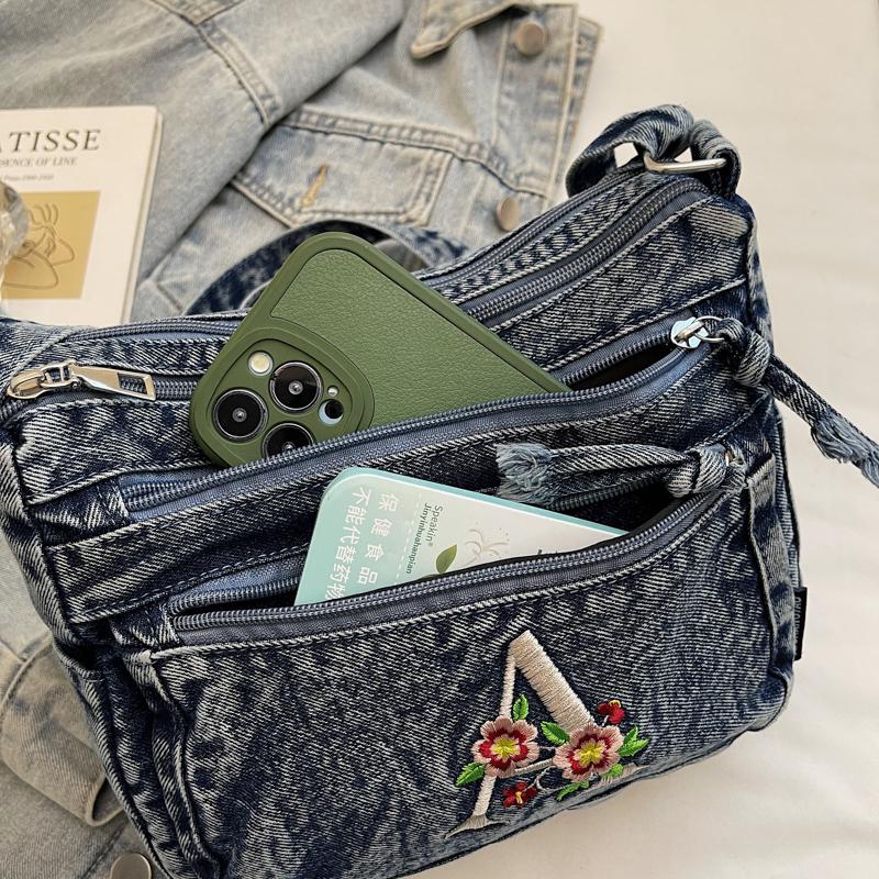 Multi-layer Denim Bag Vintage Shoulder Bag Women's Embroidered Crossbody Bag