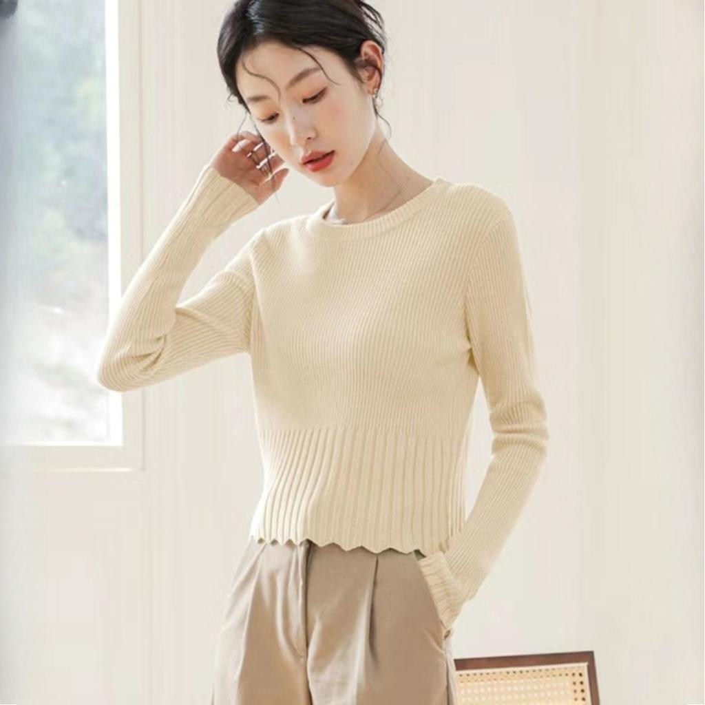 French Soft Style Waist Defining Slimming Knit Sweater Women Spring Lace Design Youthful Short Base Layer Top