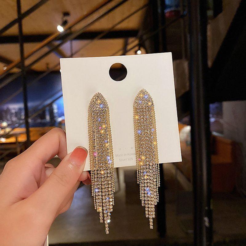 925 Silver Needle Full Diamond Geometric Triangle Earrings European and American Fashion Long Tassel Earrings Trendy Personality Earrings for Women