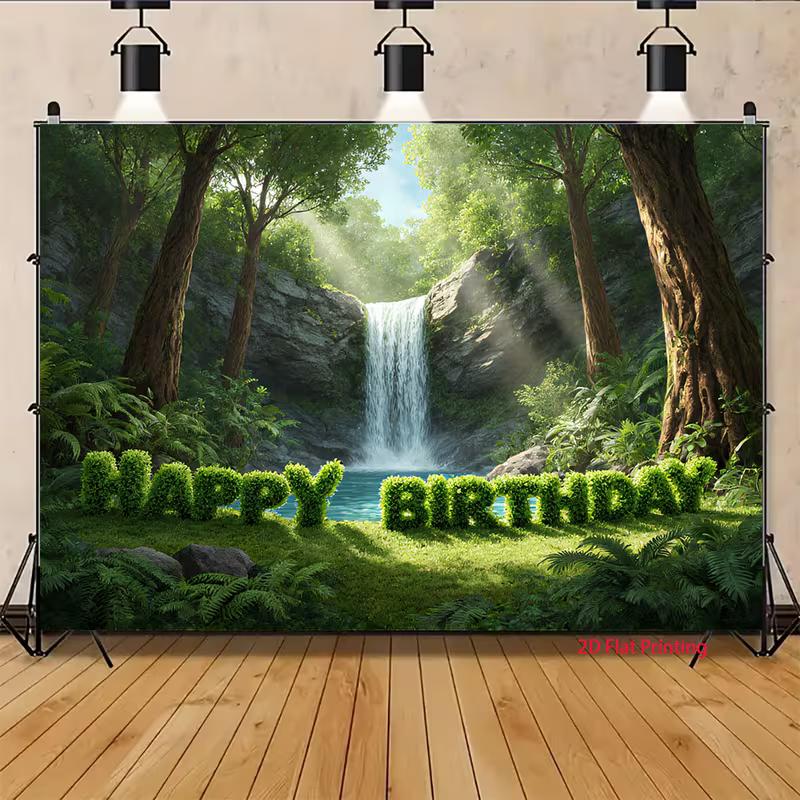 2D Forest Waterfall Happy Birthday Backdrop Jungle Greenery Party Photography Background Banner