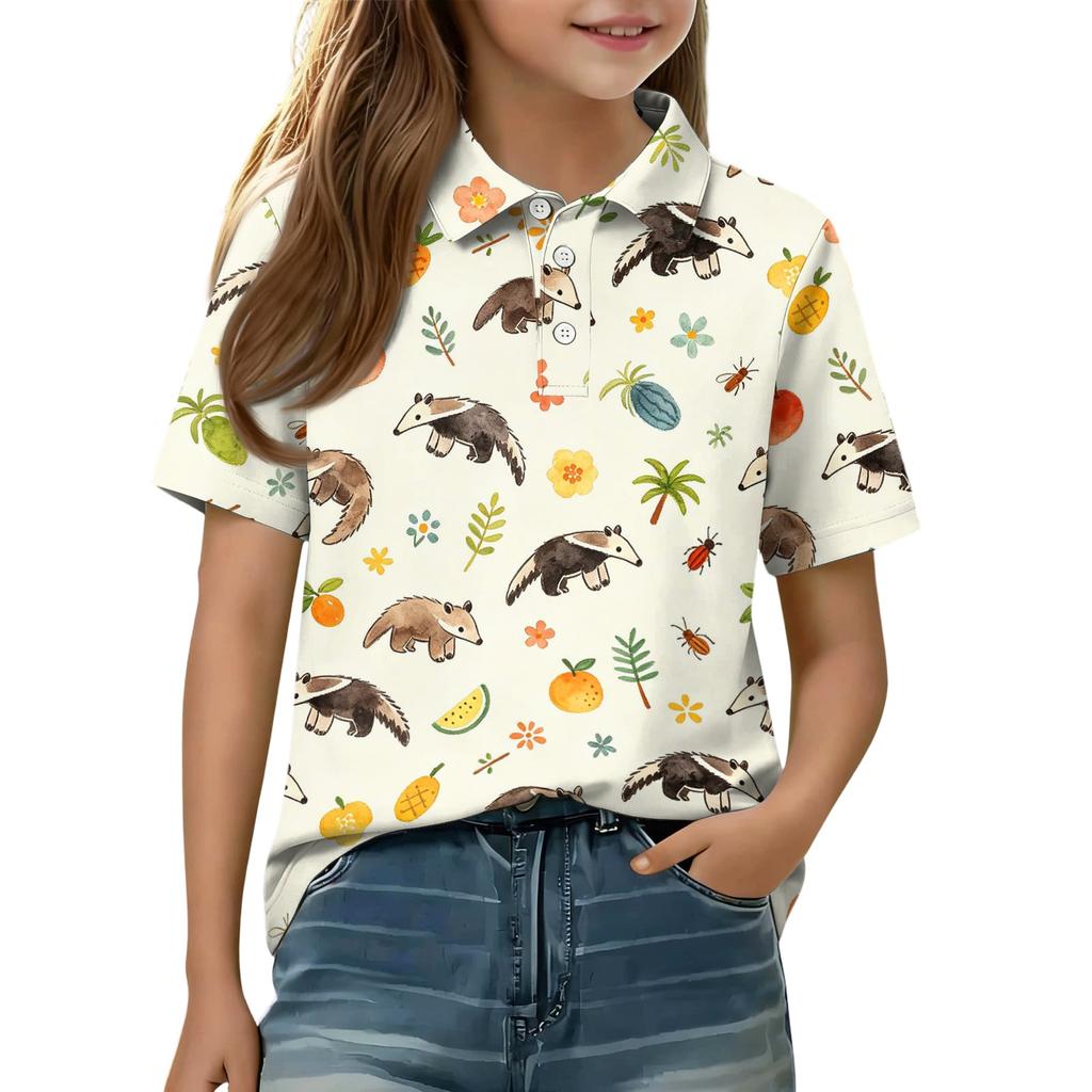 Kids Short Sleeve Polo Shirt Animal Print Casual Tee Button Down Collar Lightweight Summer Top for Boys Girls