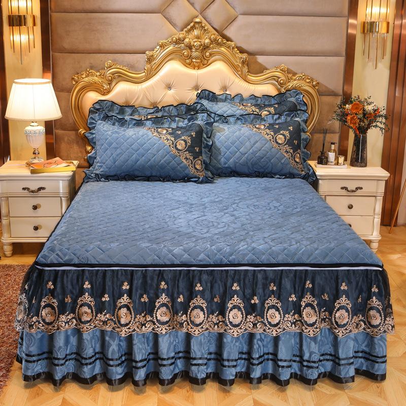 Winter Velvet Lace Bed Skirt One-Piece Thickened Non-Slip Coral Velvet Bedspread Detachable Lace Mattress Protective Cover