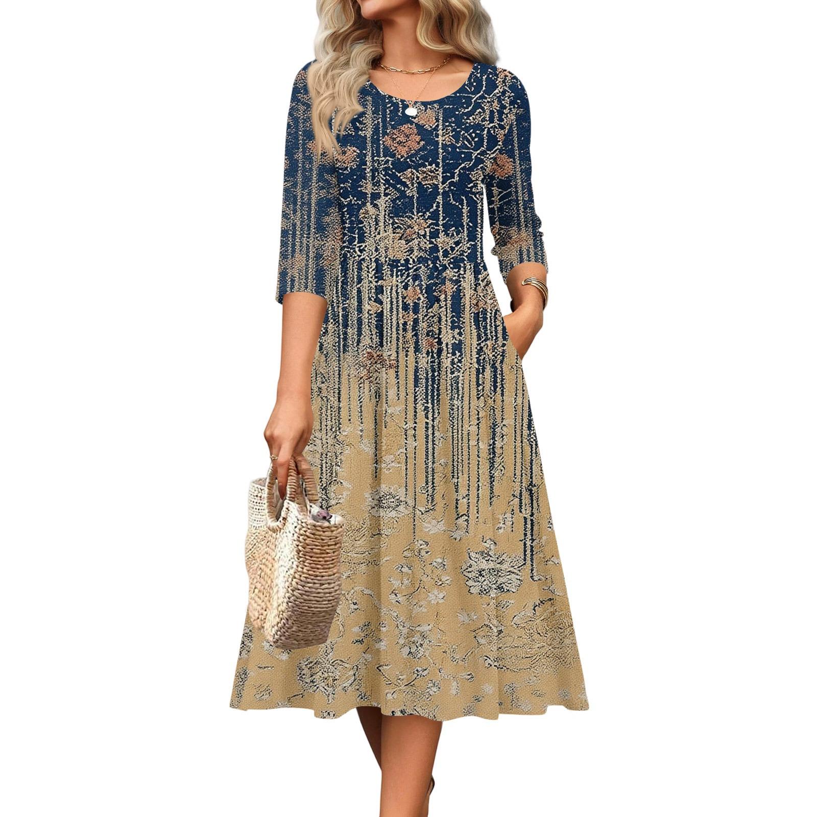 

Женское платье с рукавом 3/4, повседневное, свободное, А-силуэта, миди, футболка, с карманами, с круглым вырезом, для отпуска, в стиле бохо, пляжный сарафан XL жёлтый