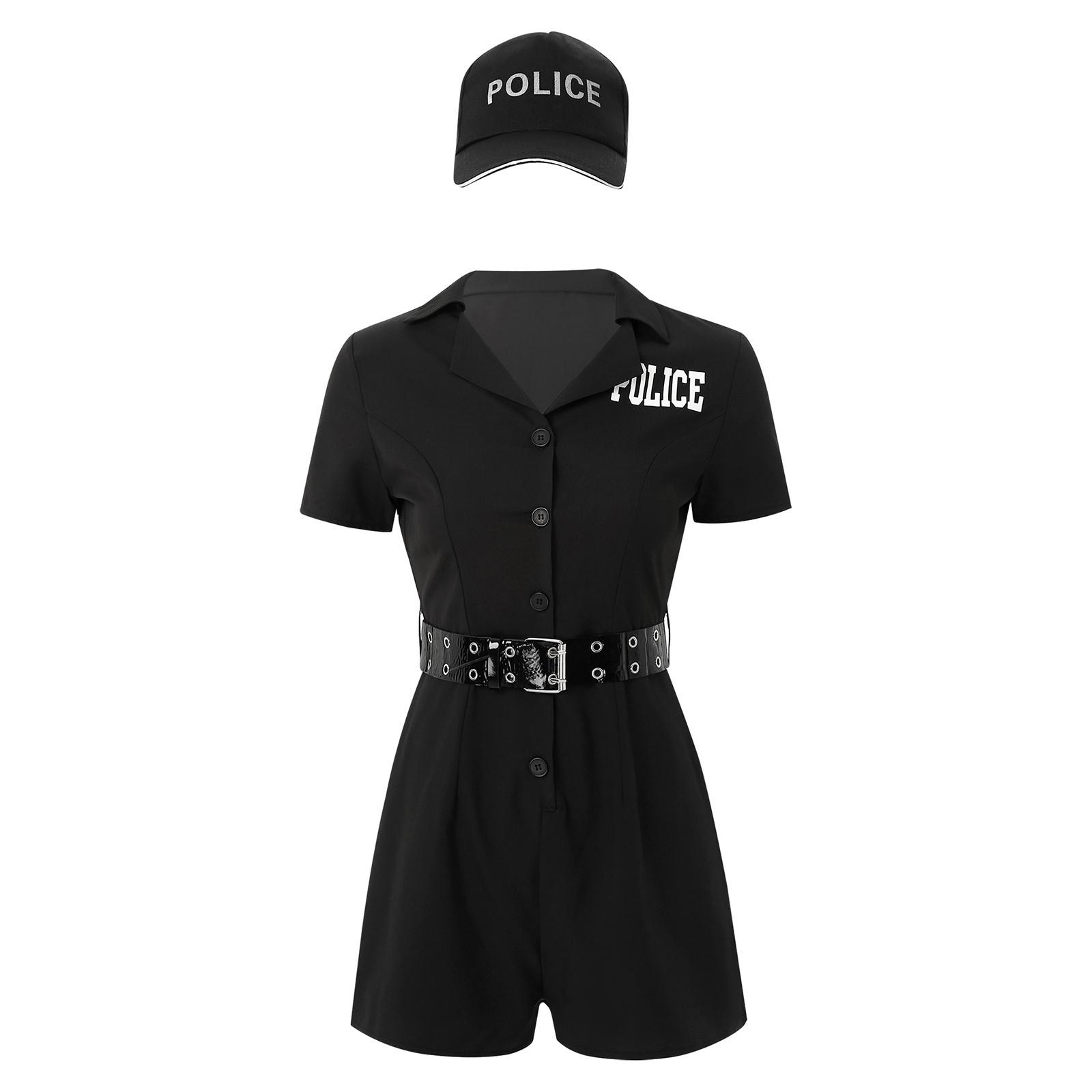 

Womens Policewoman Cosplay Costume Short Sleeve Letter Print Romper Metal Eyelet Belt Cap 3 Piece Set Uniform XL чорний