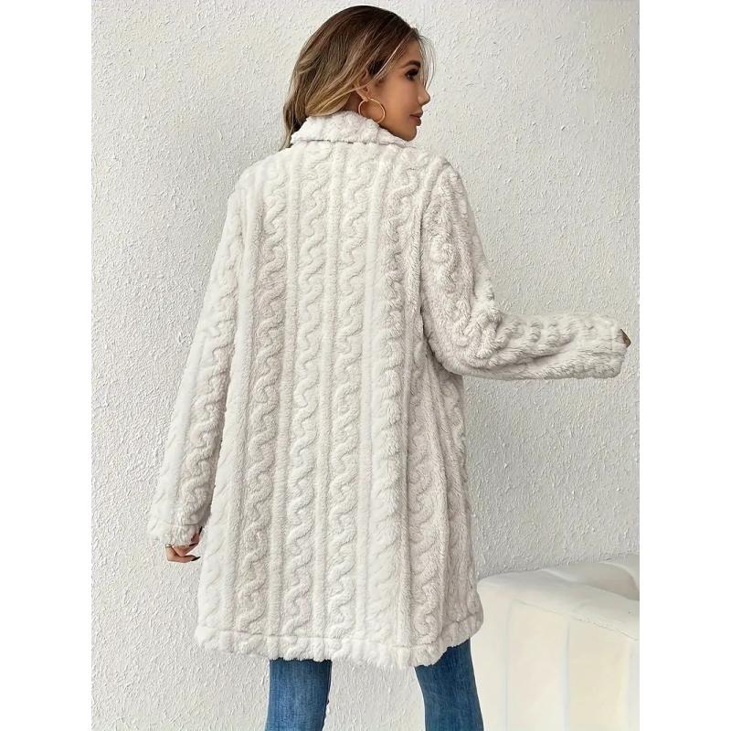Double Breasted Lapel Teddy Bear Coat, Hundred Long Sleeve Textured Warm Winter Coat, Women's Clothing