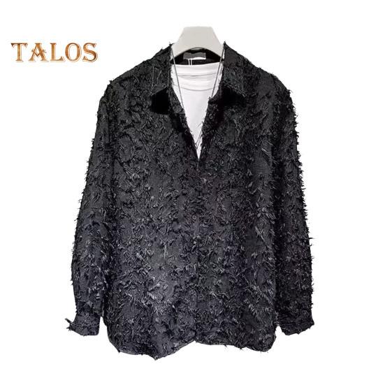 

Мужская рубашка с длинным рукавом, однотонная, пушистая, с кисточками, кардиган на пуговицах, средней длины, обычная посадка, уличная, клубная рубашка для повседневной носки, вечеринок, путешествий M чёрный