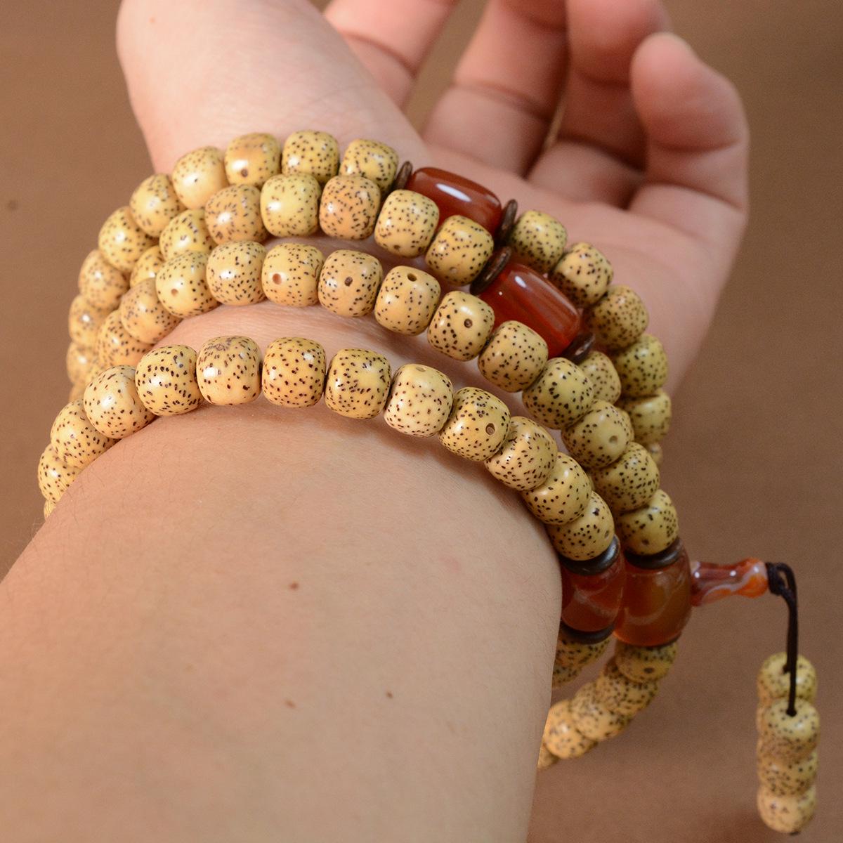 Golden Star-Moon Bodhi Rosary Bracelet with Agate Beads