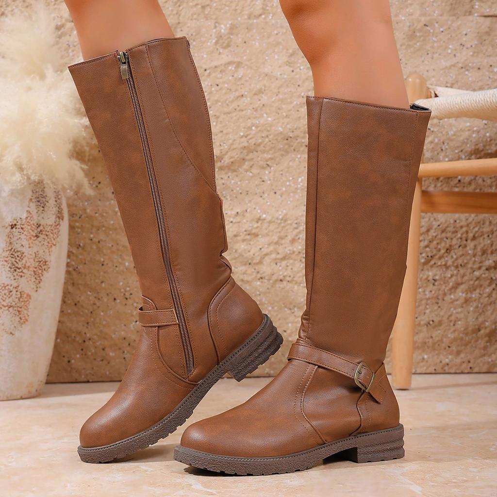 Women's Fashion Casual Retro Belt Side Zipper High Top Mid Calm Boots Glitter Rain Boots for Women Mid Calf