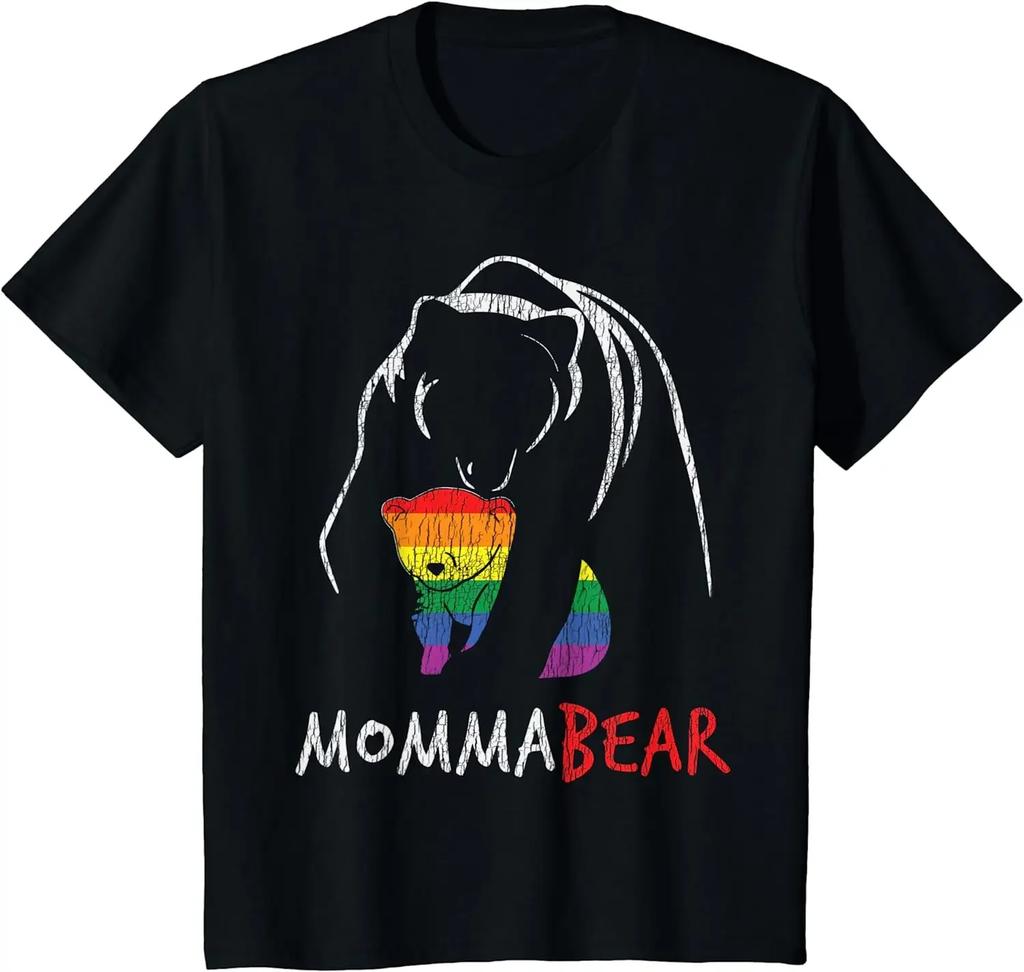 Vintage Rainbow Mama Bear Hug Love Support Parent Pride LGBT T-Shirt Four Seasons Daily Casual Cotton Tees Oversized T Shirt